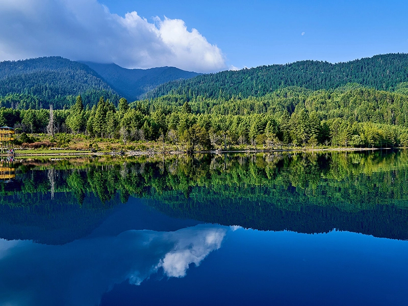 The serene beauty of Rara Lake in Rara National Park, reflecting the surrounding pine forests