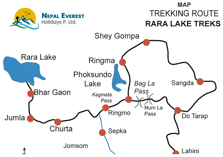 Rara Lake Trekking Map showcasing trail from Jumla to Rara Lake
