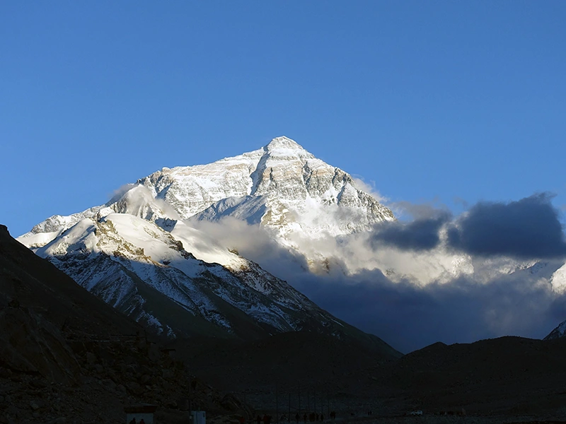 Panoramic view of Mount Everest’s snow-capped north face as seen from the Tibetan side near Tingri.