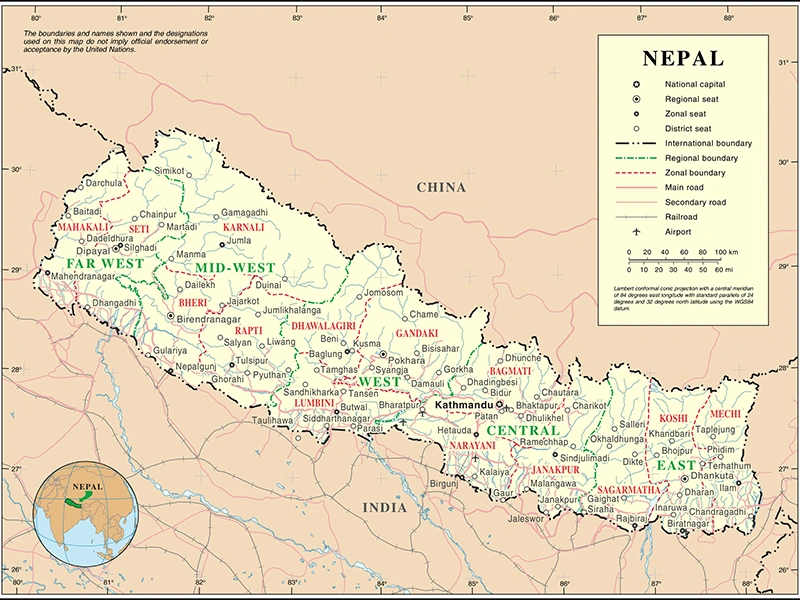 Map showing where Nepal is located between India and China in South Asia